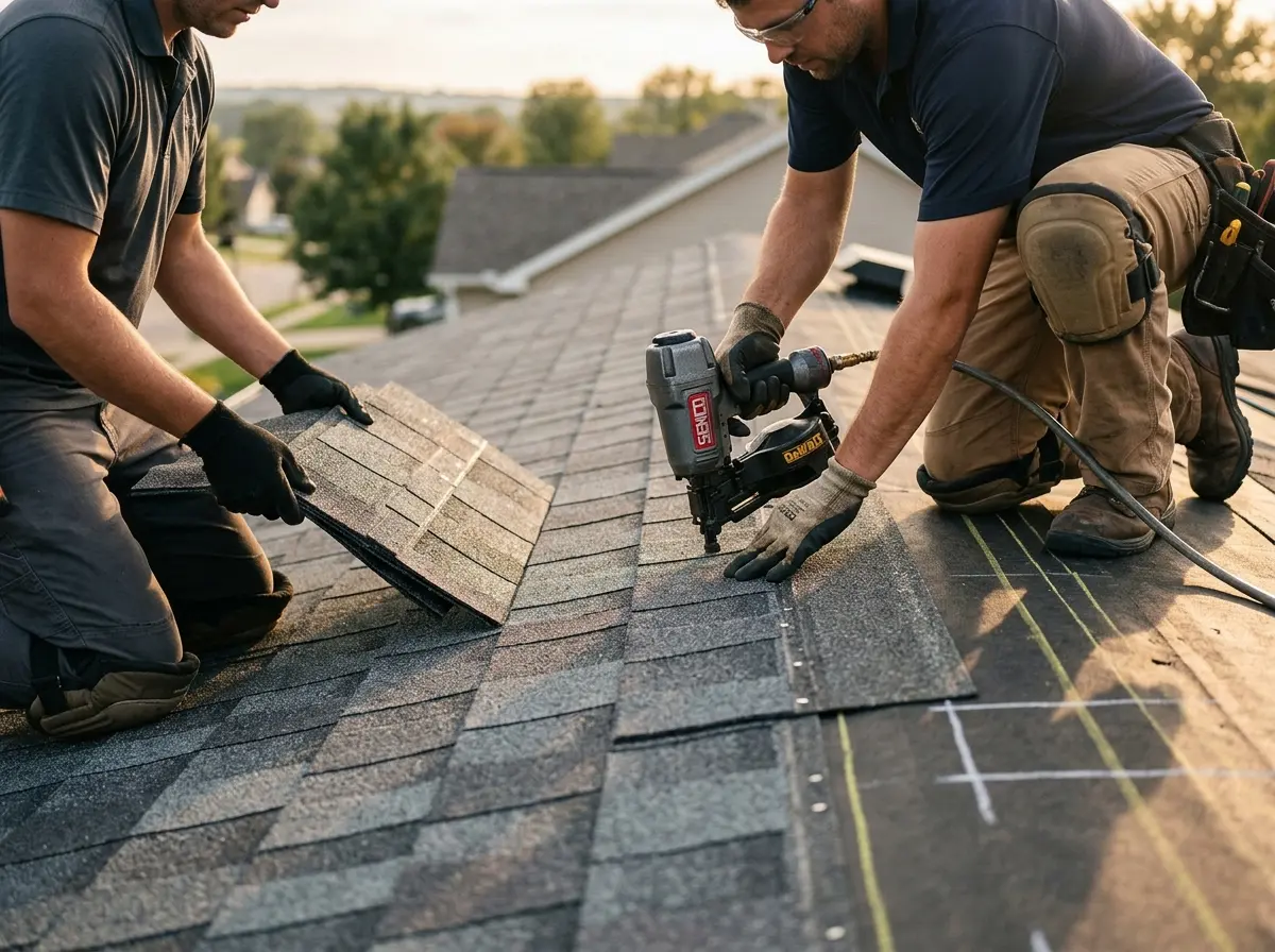 Professional roofer working on a residential roof in Portage